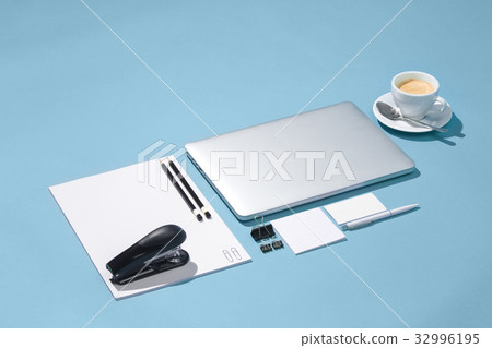 The laptop, pens, phone, note with blank screen on The laptop, pens, phone, note with blank screen on 32996195