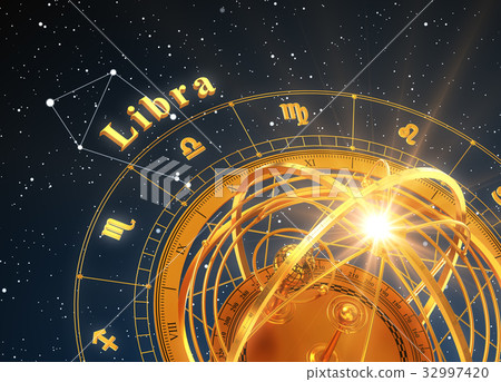 Zodiac Sign Libra And Armillary Sphere On Blue 32997420