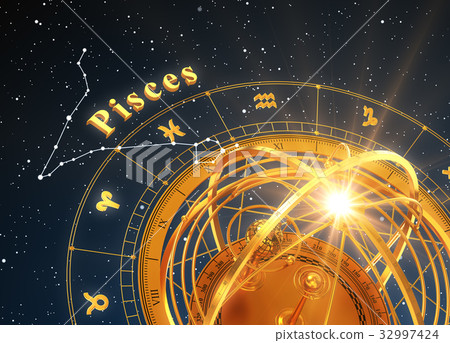 Zodiac Sign Pisces And Armillary Sphere On Blue 32997424