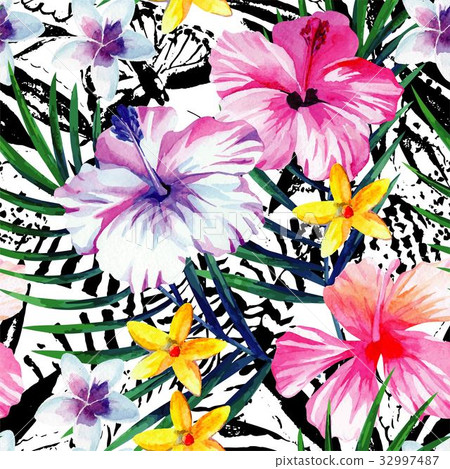 exotic tropical floral watercolor seamless - Stock Illustration ...