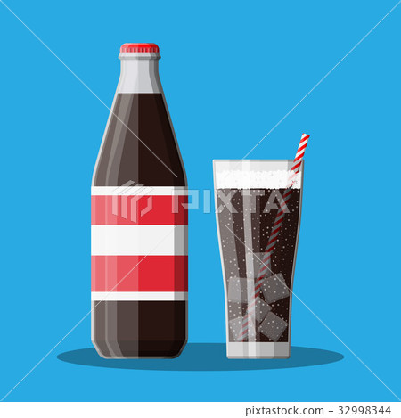 Bottle and glass with cola and striped straw. Bottle and glass with cola and striped straw. 32998344