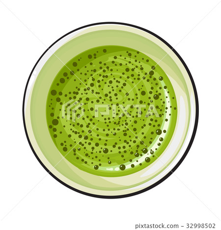 Top view drawing of matcha green tea drink in cup 32998502