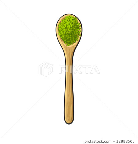 Drawing of bamboo, wooden spoon with matcha green 32998503