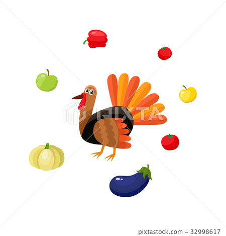 Hen turkey surrounded by apples and vegetables Hen turkey surrounded by apples and vegetables 32998617
