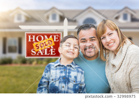 Mixed Race Family In Front of House and Sold For Sale Real Estat 32998975