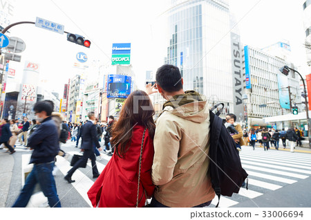 A couple is taking selfie on a crowded street A couple is taking selfie on a crowded street 33006694