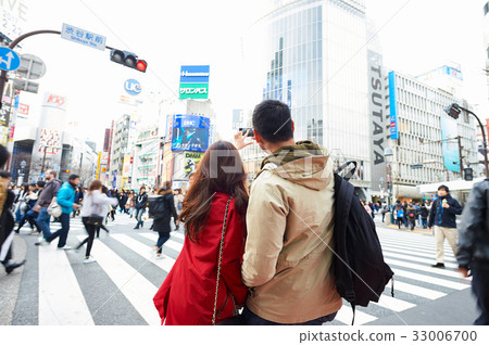 A man and a woman are taking a photo on a street A man and a woman are taking a photo on a street 33006700