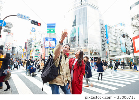 A couple is taking selfies on the street A couple is taking selfies on the street 33006715