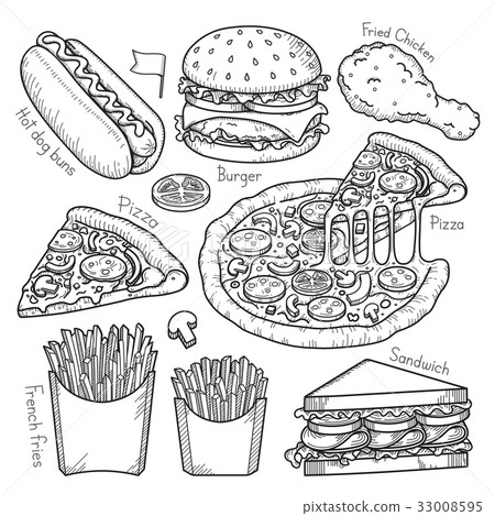 stock illustration: fast food doodle elements hand drawn style.