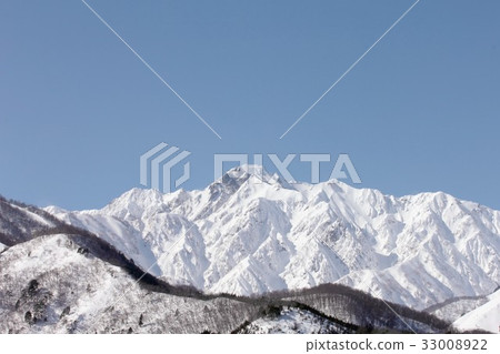 Beautiful mountain range of Goryudake, Northern Tateyama Federation behind the Northern Alps, seen from Hakuba Village, Nagano Prefecture, in winter Beautiful mountain range of Goryudake, Northern Tateyama Federation behind the Northern Alps, seen from Hakuba Village, Nagano Prefecture, in winter 33008922