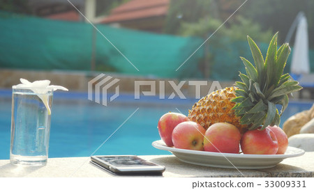 Mobile phone, plate with fruits, glass of water 33009331