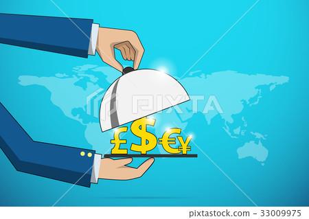business hands open cloche to serve currency icons 33009975