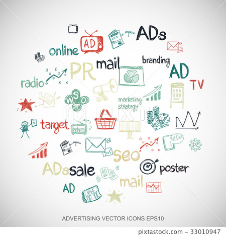 Multicolor doodles Hand Drawn Marketing Icons set 33010947