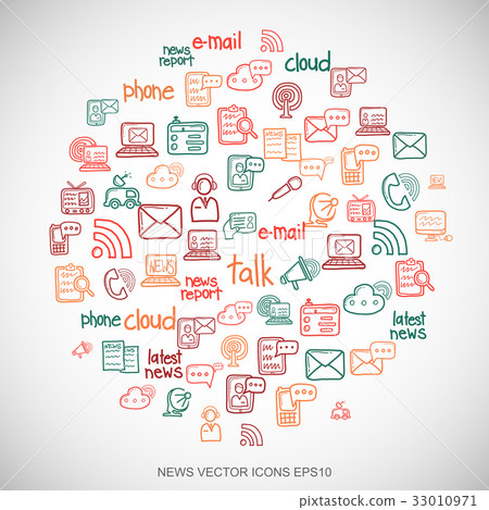 Multicolor doodles Hand Drawn News Icons set on 33010971