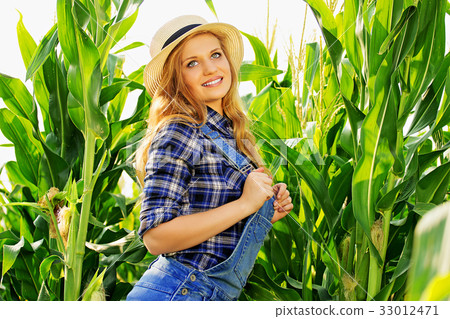 Young farmer girl on corn field. 33012471
