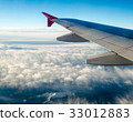 Wing of the plane on blue sky and mountains 33012883