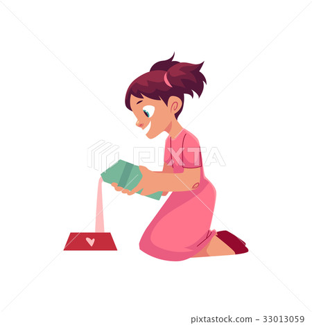 Little girl pouring milk into pet bowl 33013059