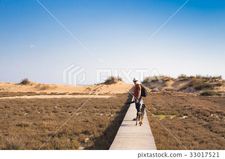 Man with dog walking on the wooden path on the 33017521
