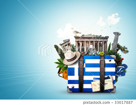 Greece, vintage suitcase with Greece landmarks Greece, vintage suitcase with Greece landmarks 33017887