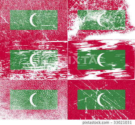Set of six flags Maldives with old texture. Vector 33021031