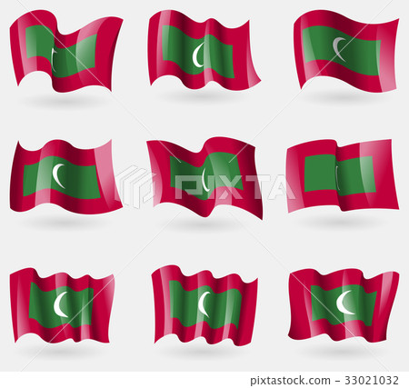 Set of Maldives flags in the air. Vector 33021032