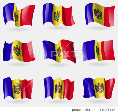 Set of Moldova flags in the air. Vector 33021342
