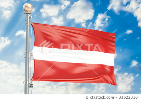 Latvian flag waving in blue cloudy sky Latvian flag waving in blue cloudy sky 33022310