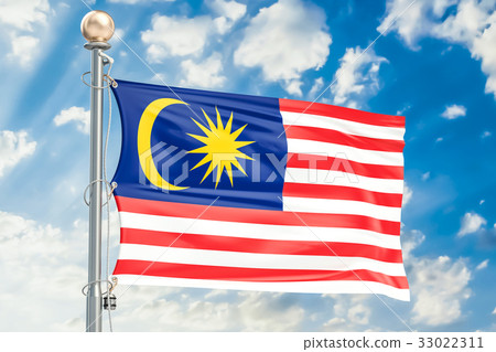 Malaysian flag waving in blue cloudy sky Malaysian flag waving in blue cloudy sky 33022311