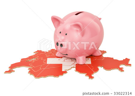 Piggy bank on the map of Switzerland, 3D rendering 33022314