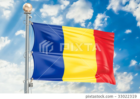 Romanian flag waving in blue cloudy sky Romanian flag waving in blue cloudy sky 33022319