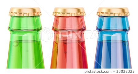 Set of colored glass bottles closeup, 3D rendering 33022322