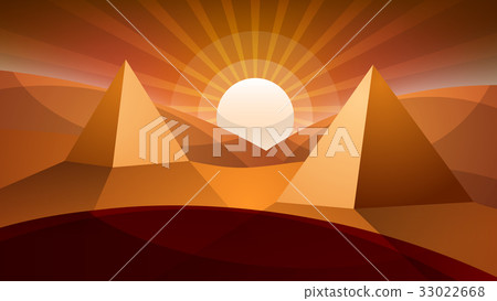 Desert landscape. Pyramid and sun. Desert landscape. Pyramid and sun. 33022668