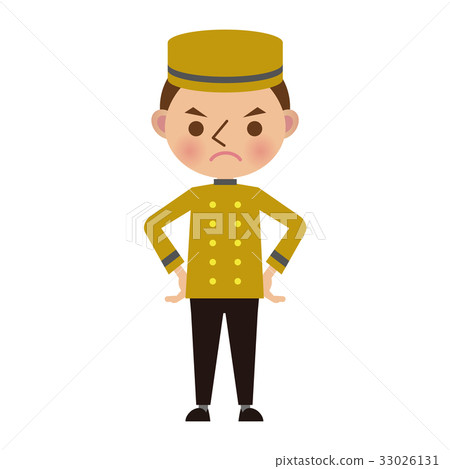 在酒店前面的服務生帶著憤怒的表情 33026131
