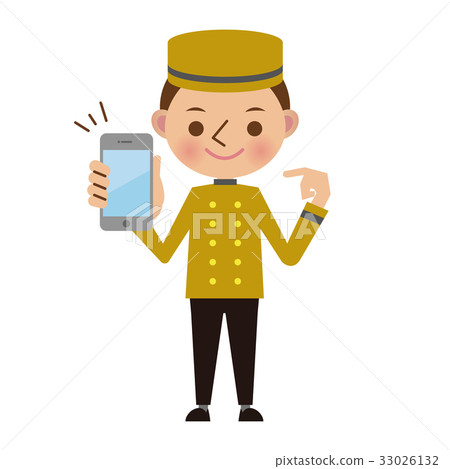 Bellboy at a hotel pointing at a smartphone 33026132