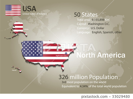 United States world map with country flag texture. 33029480