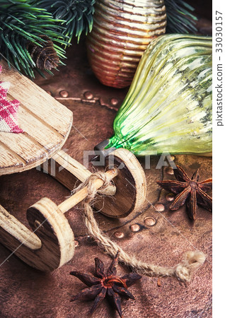 Christmas fir tree with retro decoration Christmas fir tree with retro decoration 33030157