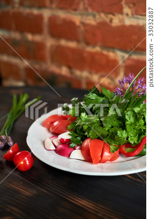 Fresh salad of tomatoes, cucumbers, peppers Fresh salad of tomatoes, cucumbers, peppers 33032887