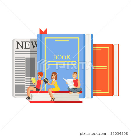 Micro young women and man sitting on a giant books 33034308