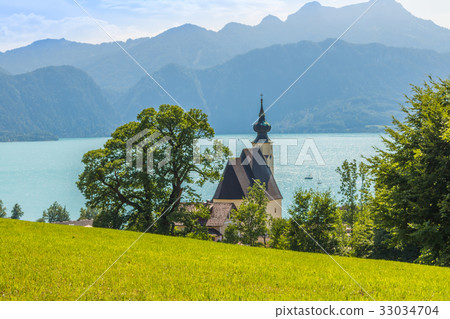 church Sankt Andreas beautiful, lake Atttersee church Sankt Andreas beautiful, lake Atttersee 33034704