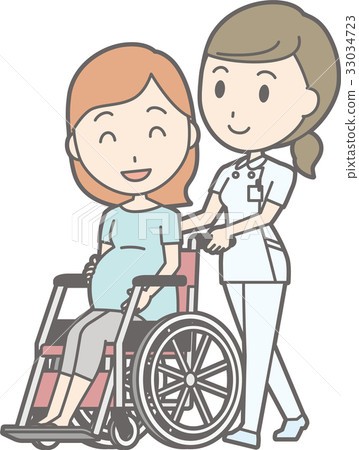 Illustration where a nurse in a white coat is walking and pressing a wheelchair where a pregnant woman is sitting Illustration where a nurse in a white coat is walking and pressing a wheelchair where a pregnant woman is sitting 33034723