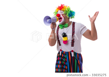 Funny clown with a megaphone isolated on white 33035275