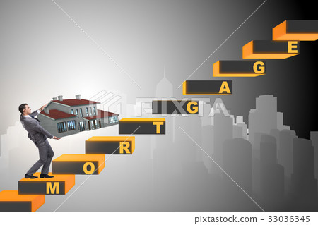 Businessman in mortgage debt financing concept Businessman in mortgage debt financing concept 33036345