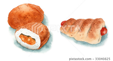 Analog watercolor mini cut / curry bread and sausage roll 33040825