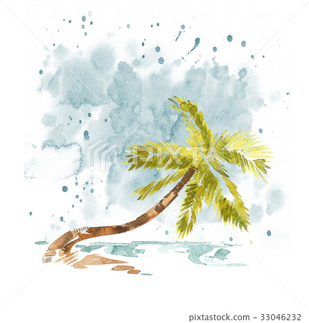 Vintage watercolor palm trees and waves card Vintage watercolor palm trees and waves card 33046232