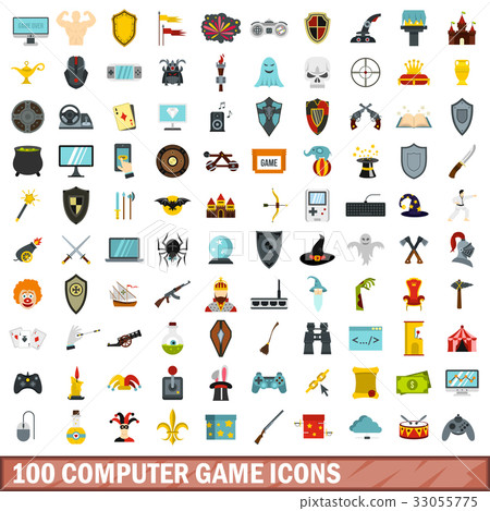 100 computer game icons set, flat style 33055775
