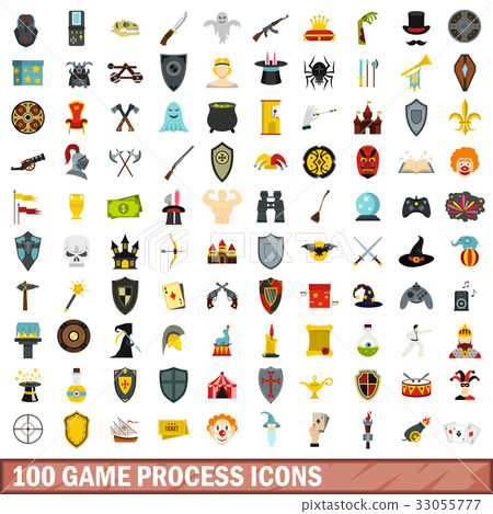 100 game process icons set, flat style 33055777