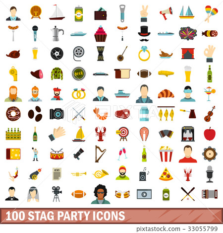 100 stag party icons set, flat style 100 stag party icons set, flat style 33055799
