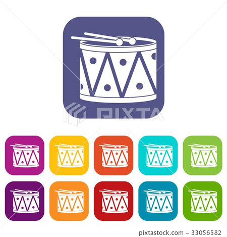 Drum and drumsticks icons set flat 33056582