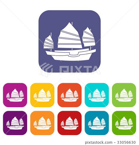 Junk boat icons set flat 33056630
