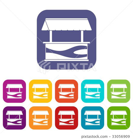 Market stall with awning icons set flat Market stall with awning icons set flat 33056909